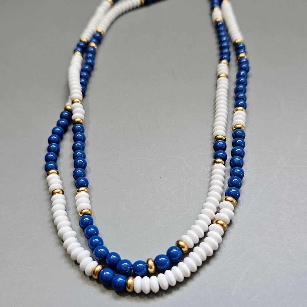 Monet Royal Blue, White & Gold Necklace Beaded Retro Boho Beach Coastal 34” Vtg
